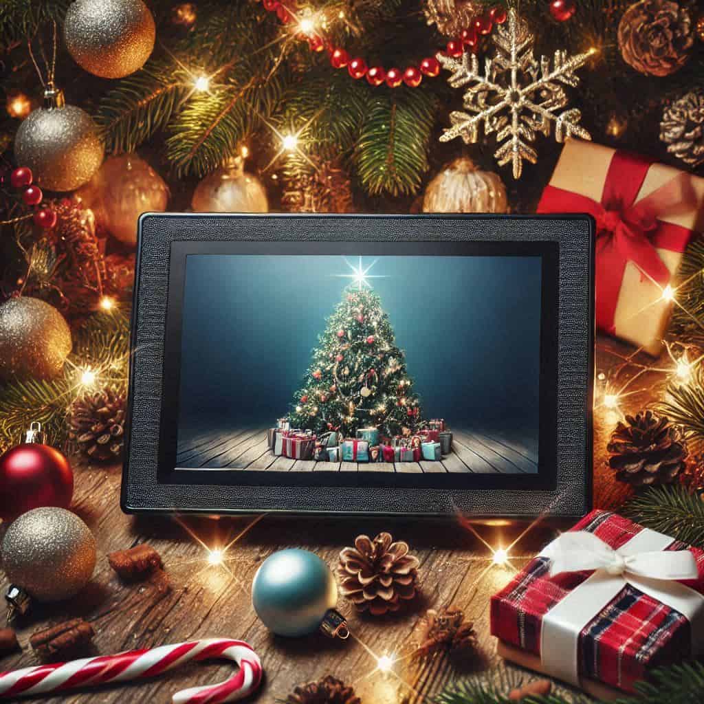 LCD Mikroelektronik TFT Display mit einem festlich geschmueckten Weihnachtsbaum