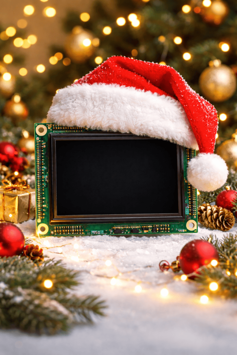 Frohe Weihnachten und alles Gute für 2026! 1 LCD Mikroelektronik Weihnachtsbild NikolausMuetze 1